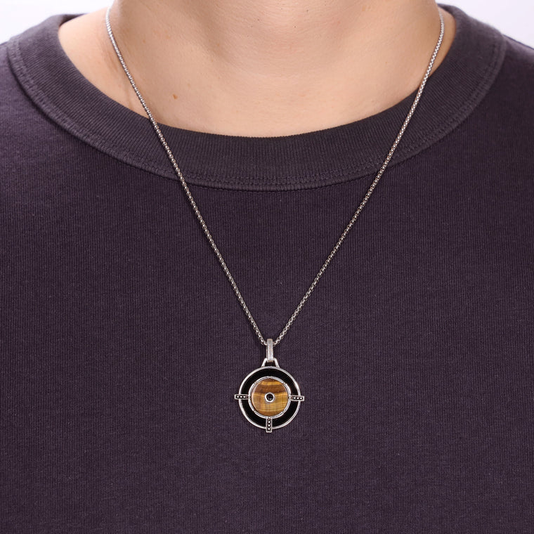 Tiger Eye and Black Agate Medalion Pendant in Sterling Silver, 24"