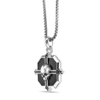 Cross Medalion Skull Pendant in Sterling Silver and Black Onyx, 24"