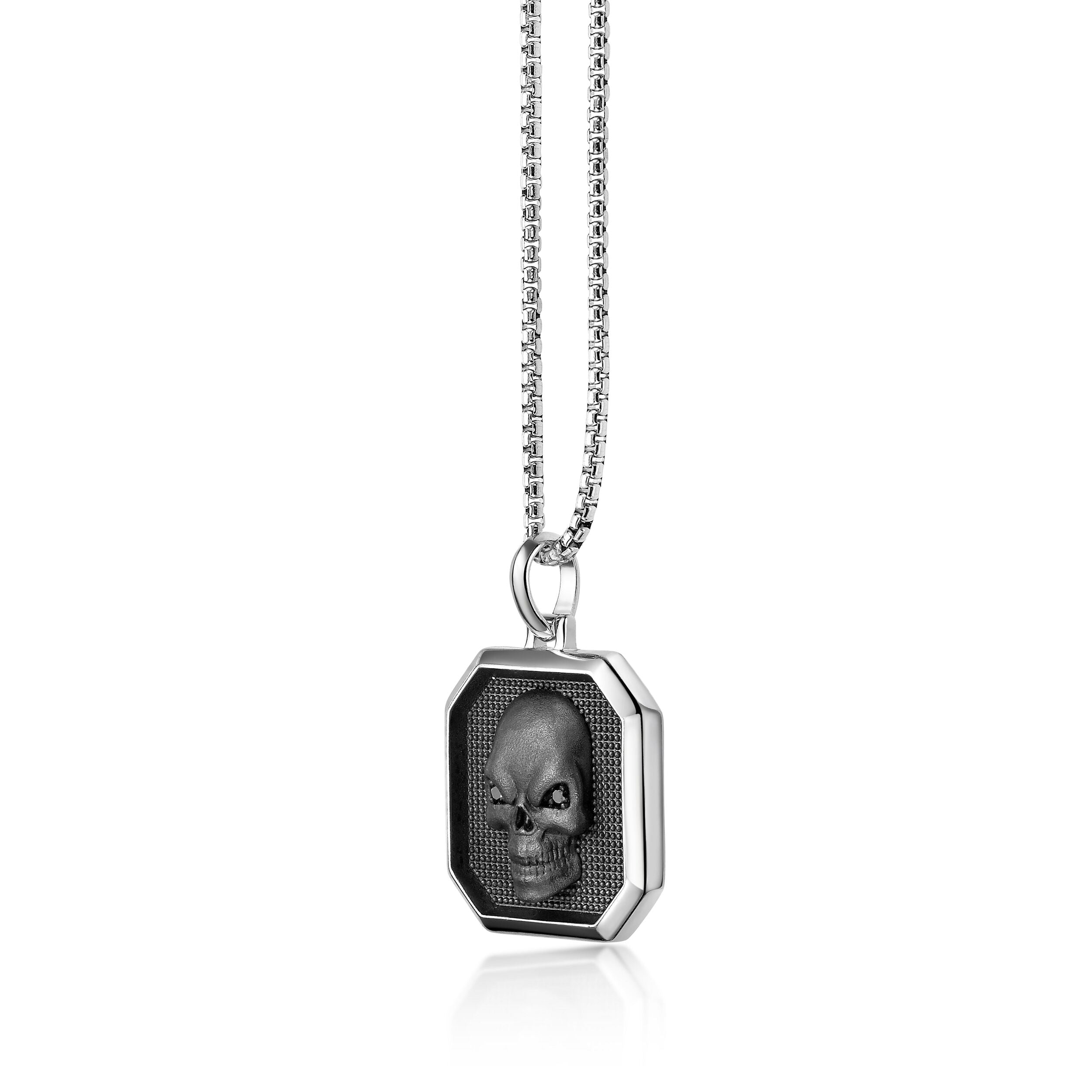Skull Medallion Pendant with Black Diamond Accents in Sterling Silver