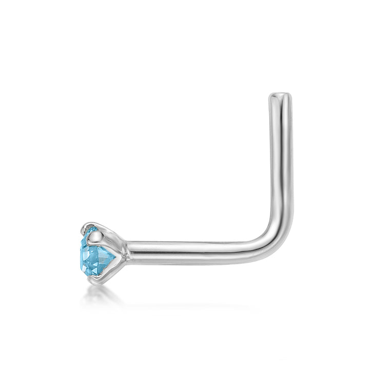 14K White Gold Aquamarine Crystal L-Shape Nose Ring - 20G
