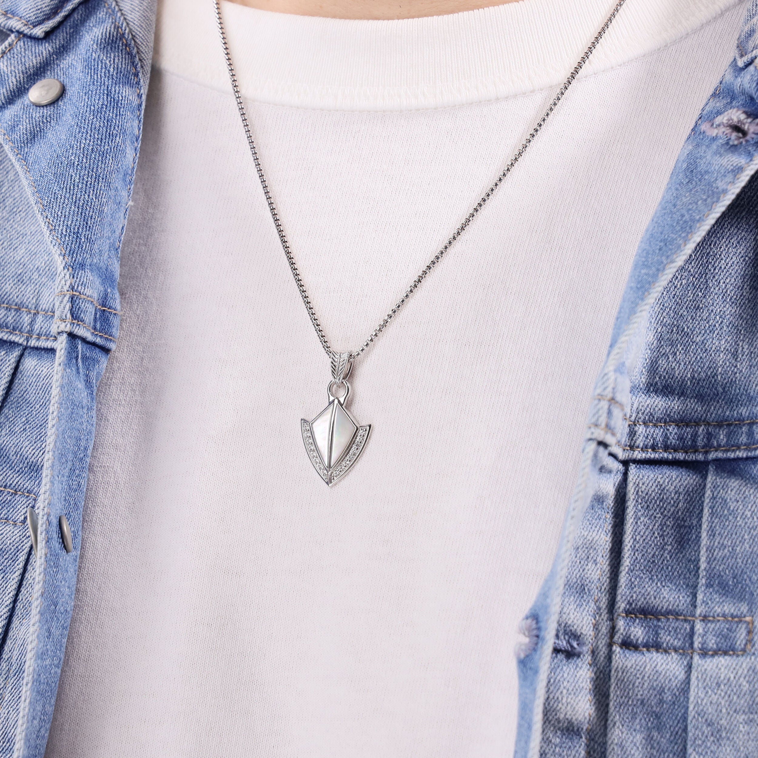 Men’s Mother of Pearl & Lab-Created White Sapphire Arrowhead Pendant in Sterling Silver