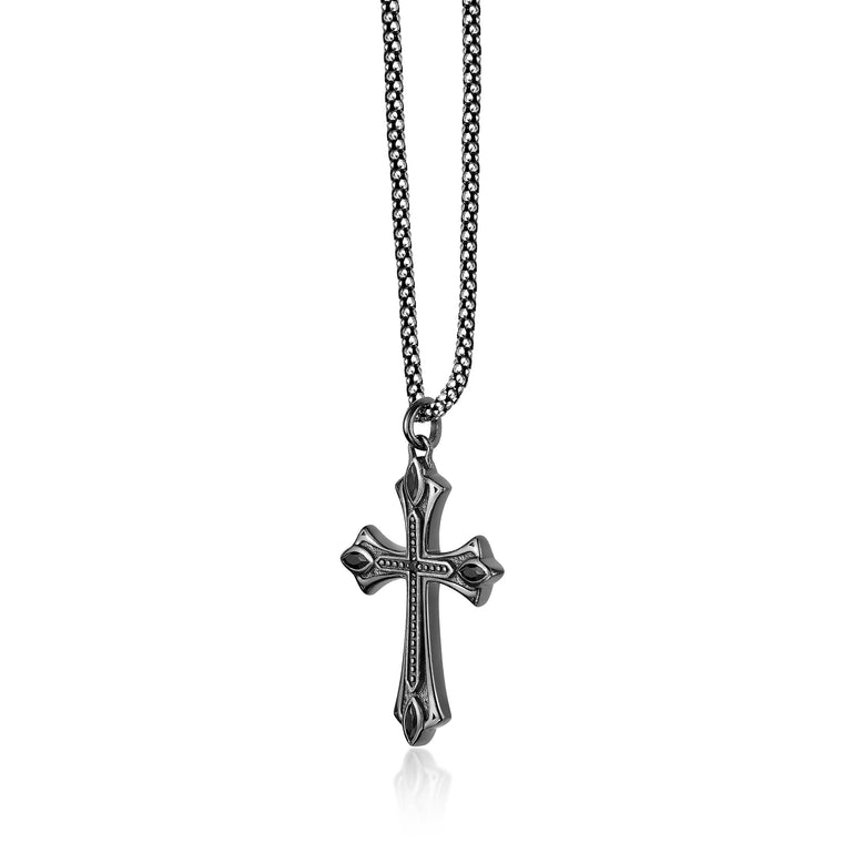 Men's Black Spinel Gothic Cross Pendant in Sterling Silver