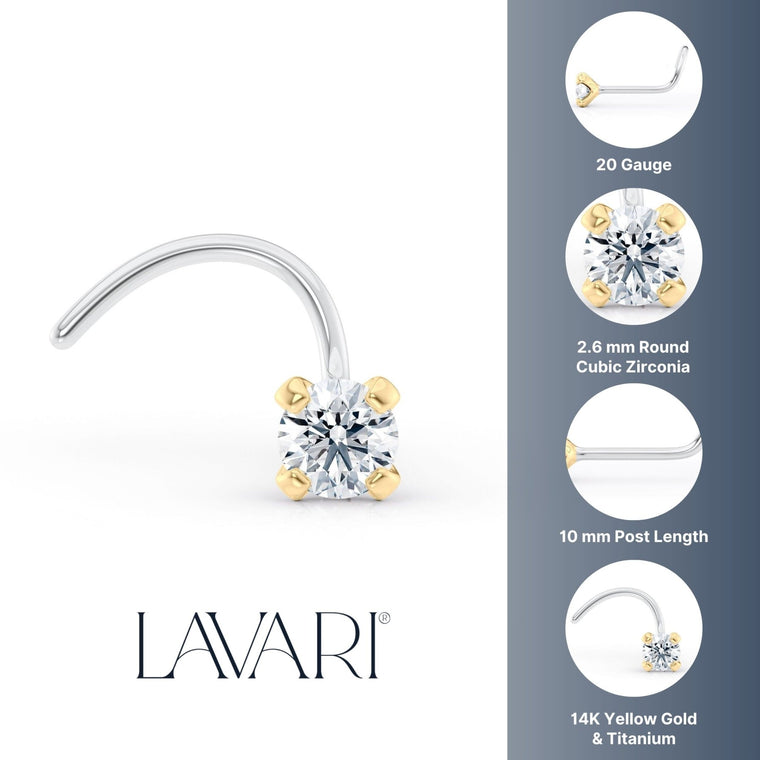 Titanim Cubic Zirconia Curved Nose Ring with 14K Gold - 20G