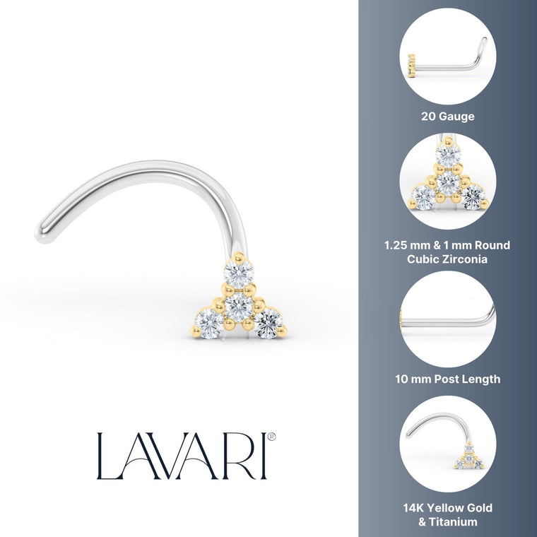 Titanim Triangle Cubic Zirconia Curved Nose Ring with 14K Gold - 20G