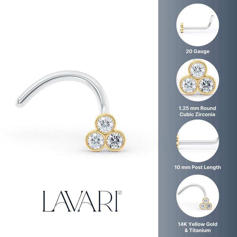 Titanim Clover Cubic Zirconia Curved Nose Ring with 14K Gold - 20G