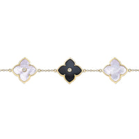Black Onyx, Mother of Pearl and Cubic Zirconia Flower Bracelet in Yellow Gold Plated Sterling Silver