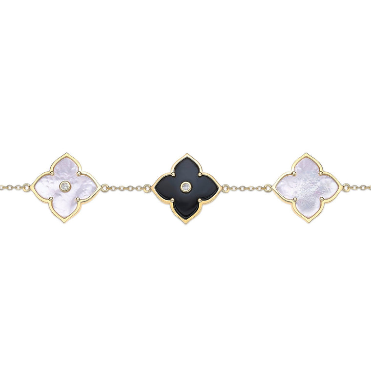 Black Onyx, Mother of Pearl and Cubic Zirconia Flower Bracelet in Yellow Gold Plated Sterling Silver