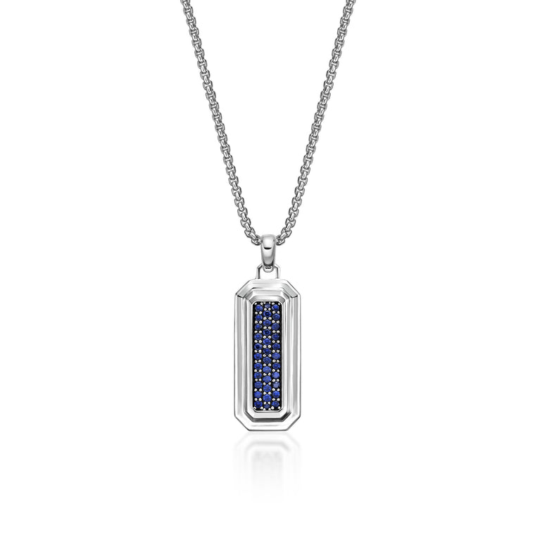 Reversible Lapis Lazuli and Created Sapphire Dog Tag Pendant in Sterling Silver, 24"