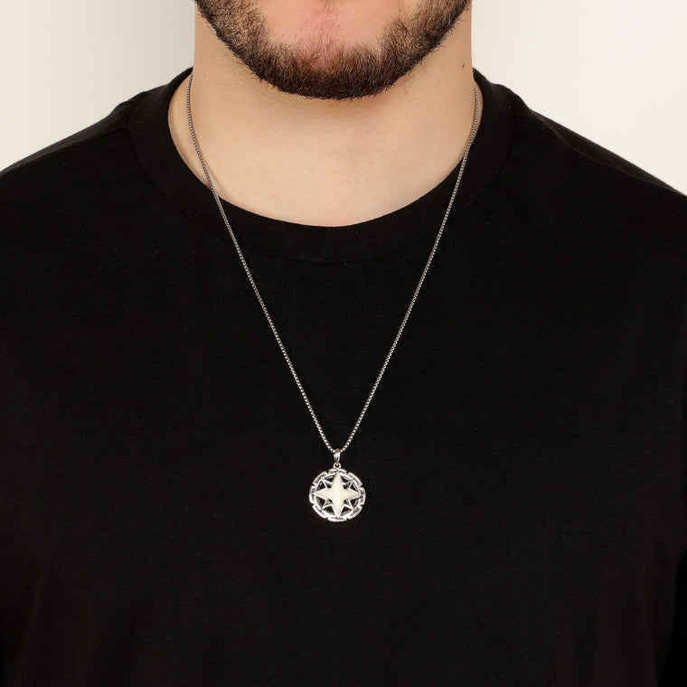 Reversible Black Onyx and Howlite Medalion Pendant in Sterling Silver, 24"