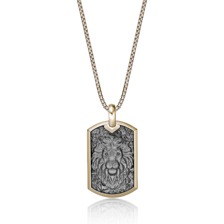 Lion's Head Dog Tag Pendant with 0.018 cttw Black Diamonds in Yellow Gold Plated Sterling Silver, 24"