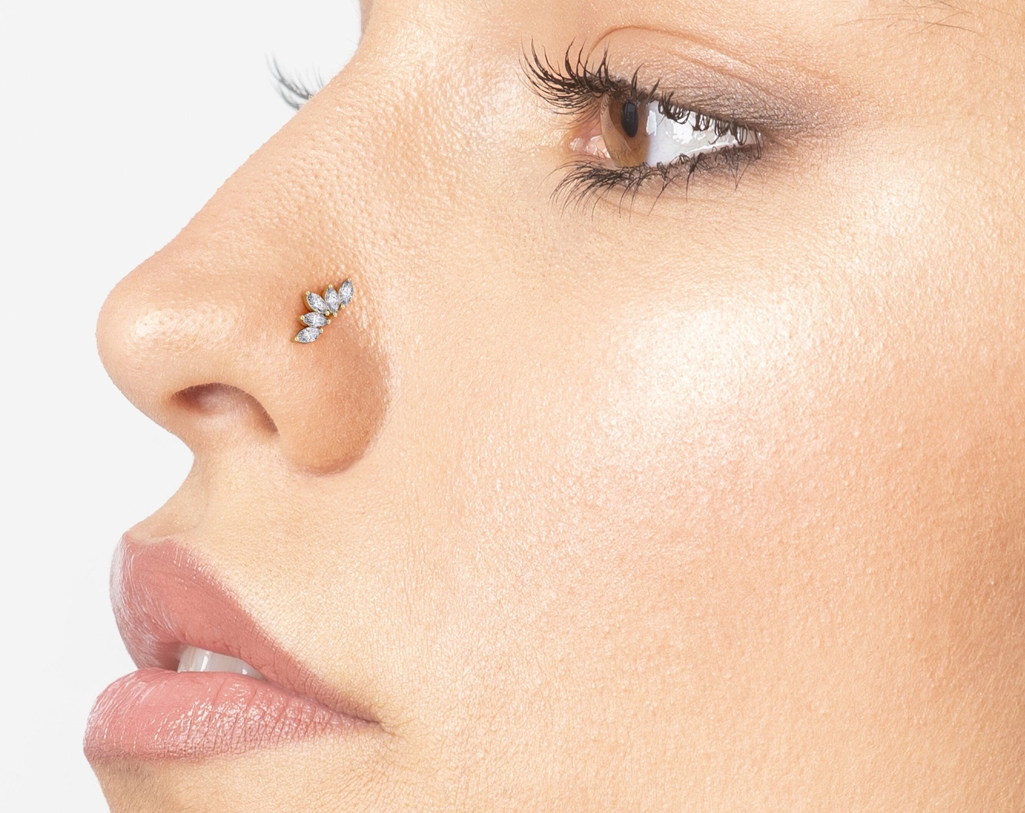 14K Fan Cluster CZ Curved Nose Ring - 20G