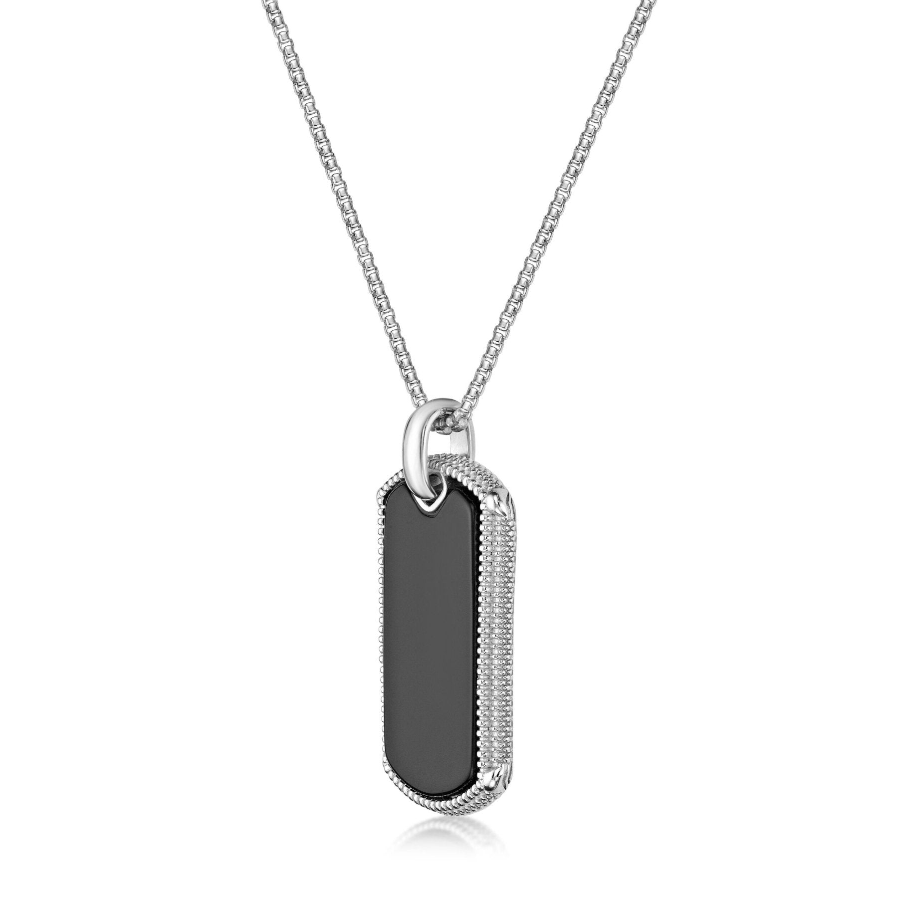 Men’s Black Agate Dog Tag Pendant in Stainless Steel