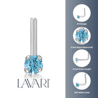 14K White Gold Aquamarine Crystal L-Shape Nose Ring - 20G