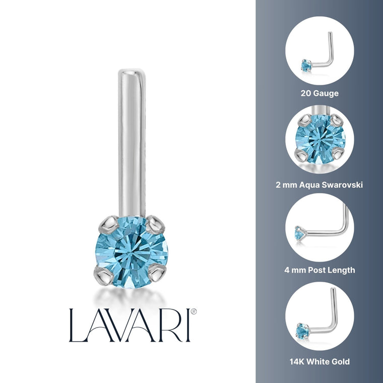 14K White Gold Aquamarine Crystal L-Shape Nose Ring - 20G