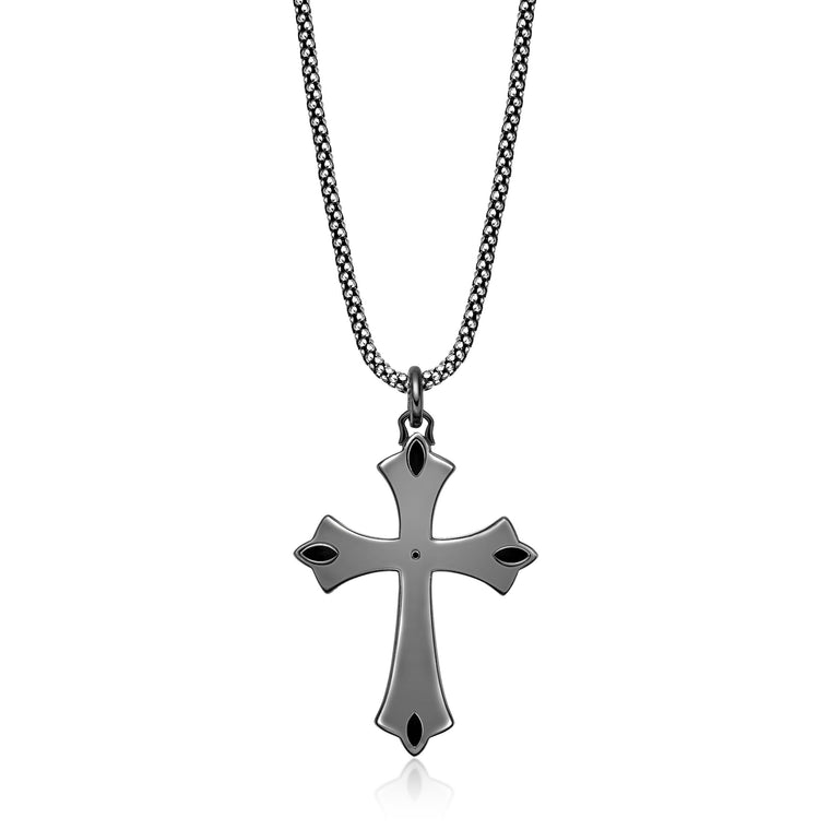 Men's Black Spinel Gothic Cross Pendant in Sterling Silver