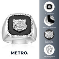 Lion's Head Statement Ring with Black Agate in Sterling Silver