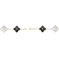 Black Onyx, Mother of Pearl and Cubic Zirconia Flower Bracelet in Yellow Gold Plated Sterling Silver