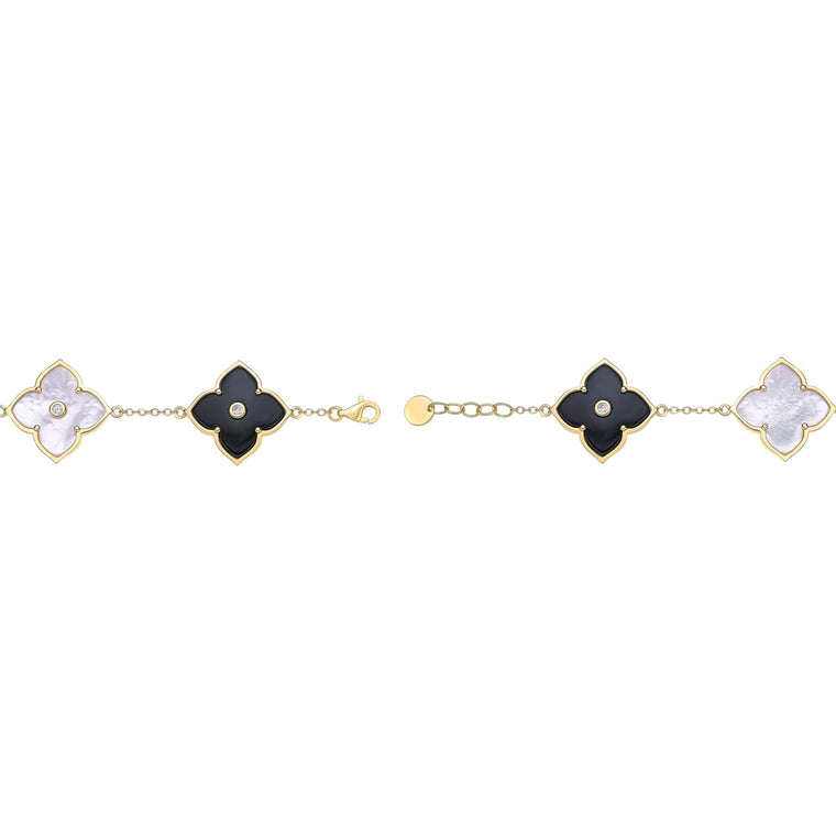 Black Onyx, Mother of Pearl and Cubic Zirconia Flower Bracelet in Yellow Gold Plated Sterling Silver