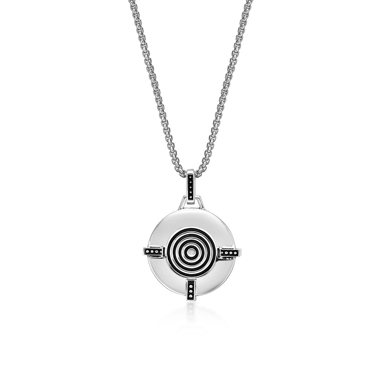 Tiger Eye and Black Agate Medalion Pendant in Sterling Silver, 24"