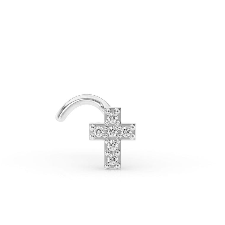 14K Cross Cubic Zirconia Curved Nose Ring - 20G