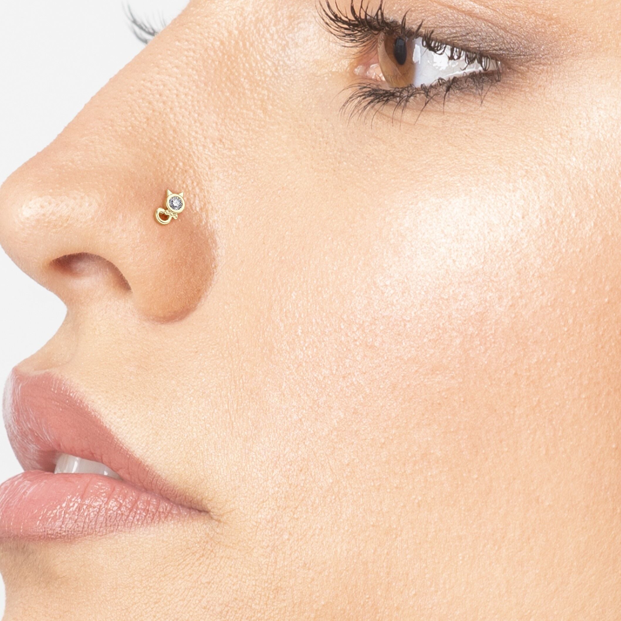 14K Cat Cubic Zircoia Curved Nose Ring - 20G