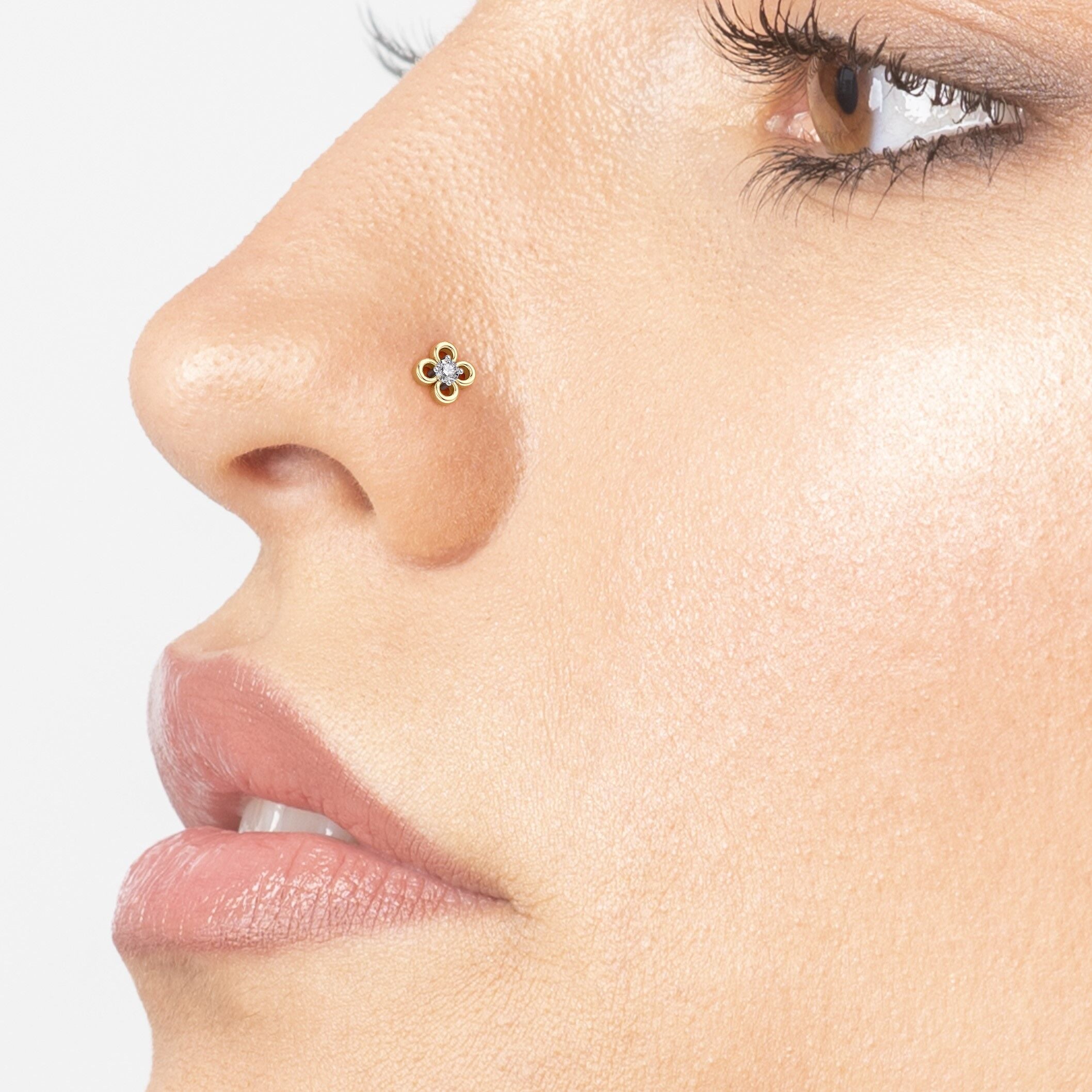 14K Gold Floral 0.04 Carat Lab Grown Diamond Nose Stud - 18G