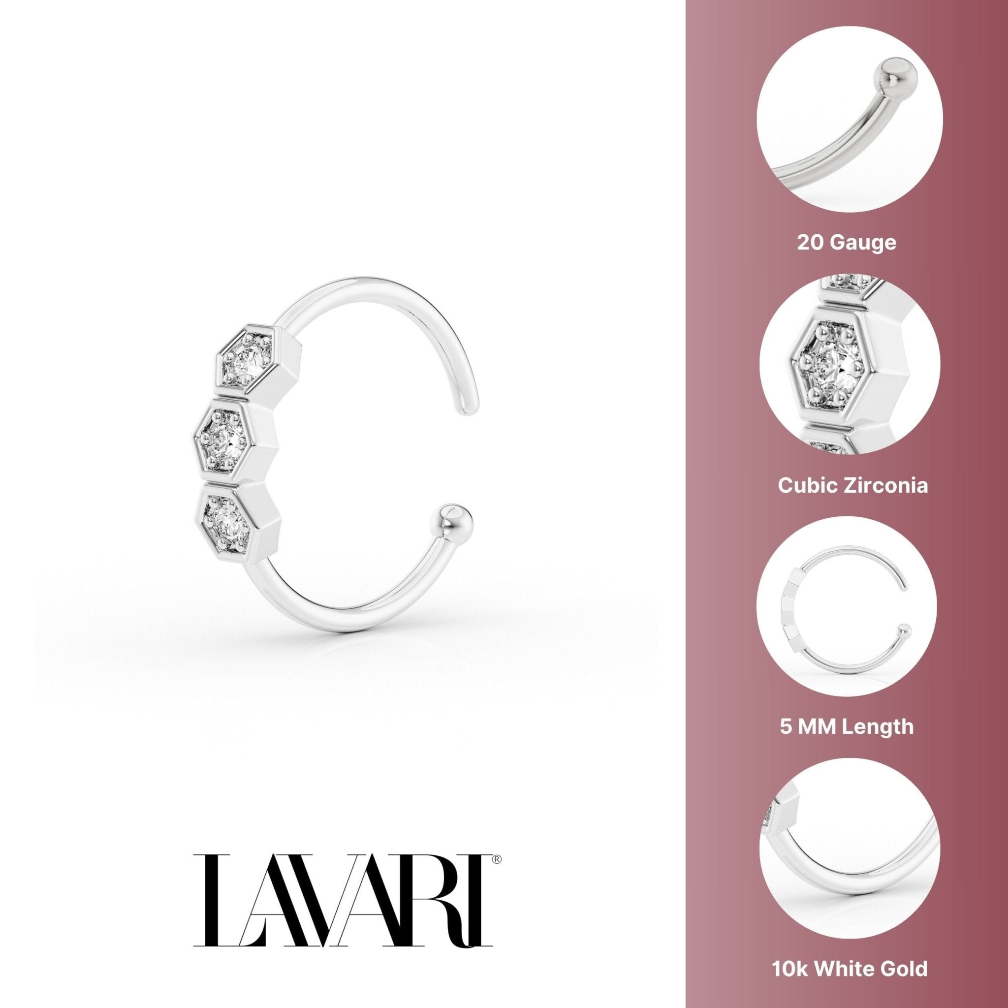 10K Hoenycomb CZ Open Hoop Nose Ring - 20G