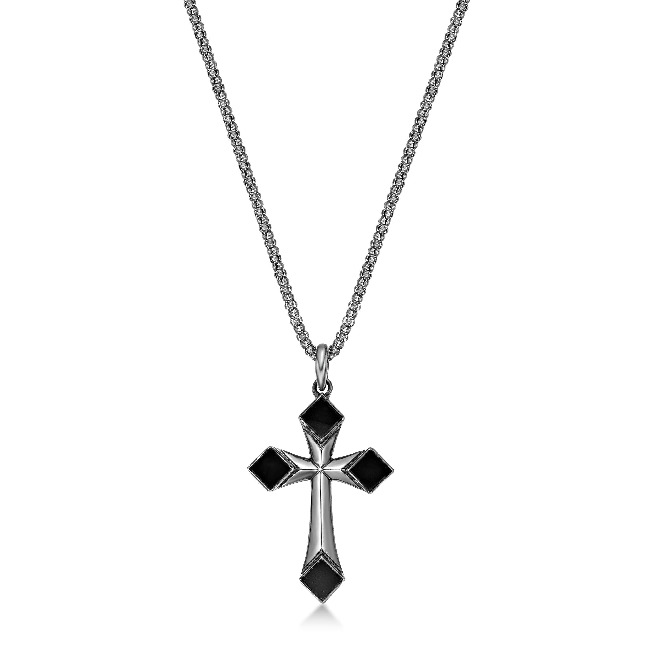 Men's Black Onyx Cross Pendant in Sterling Silver
