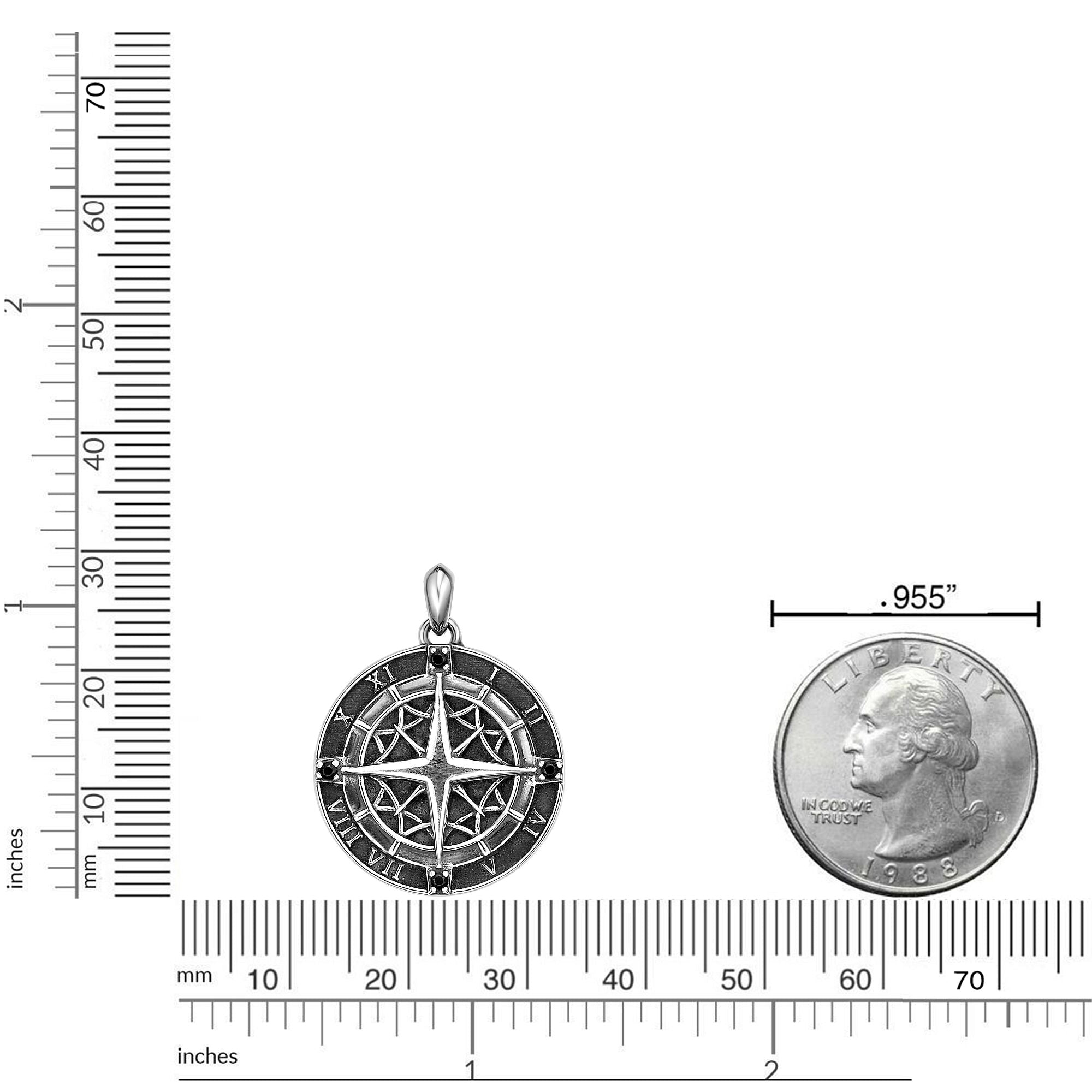 Men's Black Spinel Compass Medallion Pendant in Sterling Silver