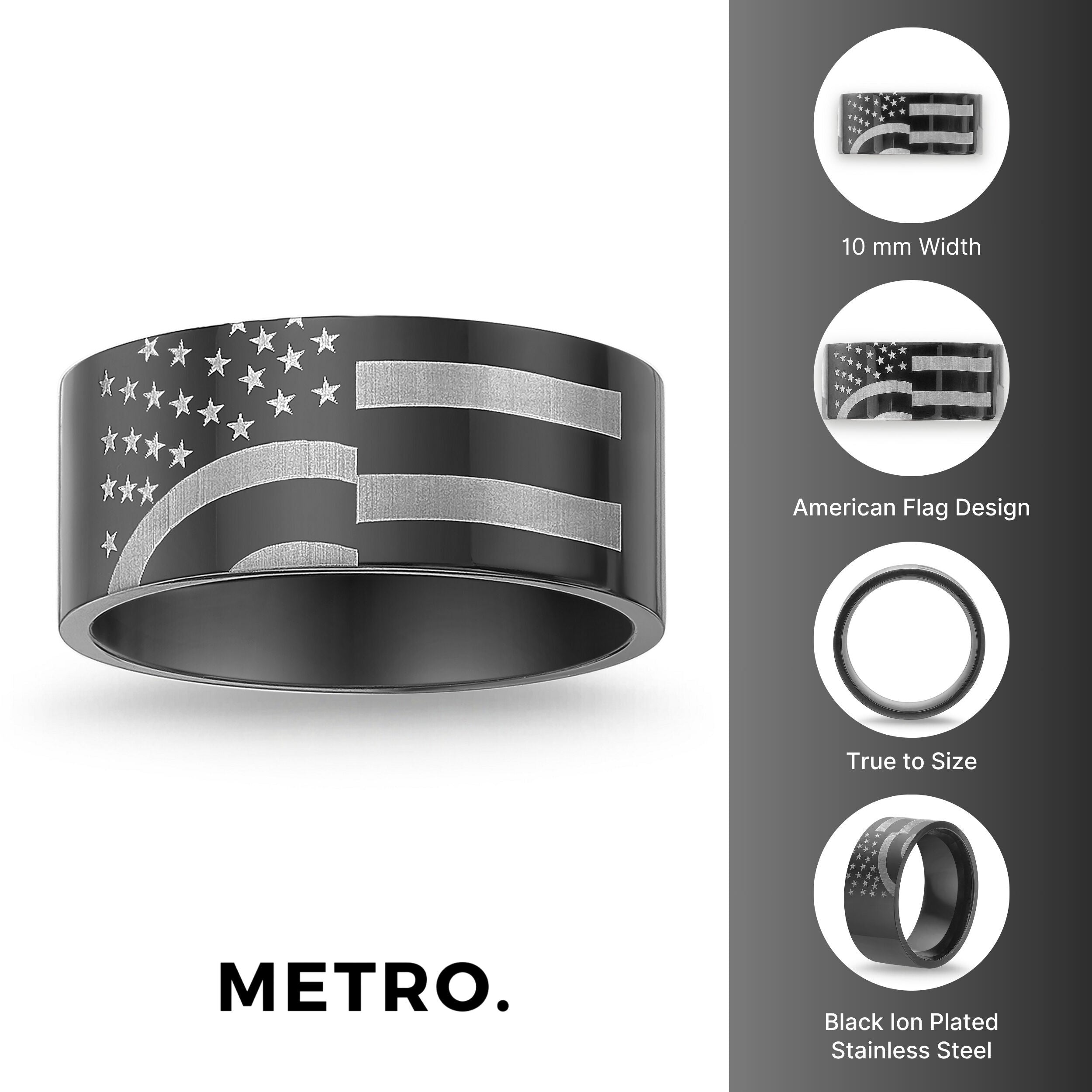 American Flag Band in Black Ion-Plated Stainless Steel