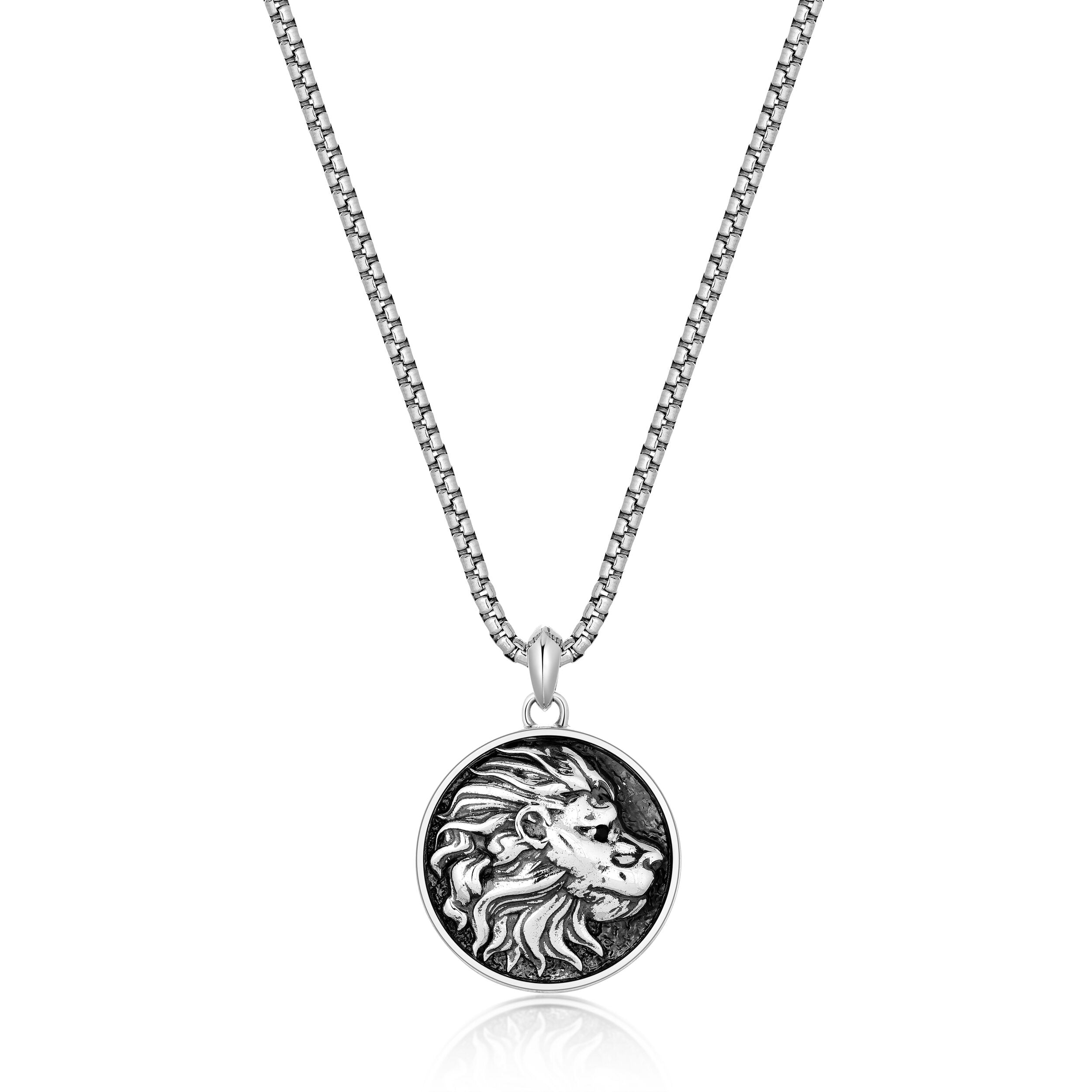 Black Spinel Lion's Head Medallion Pendant in 925 Sterling Silver