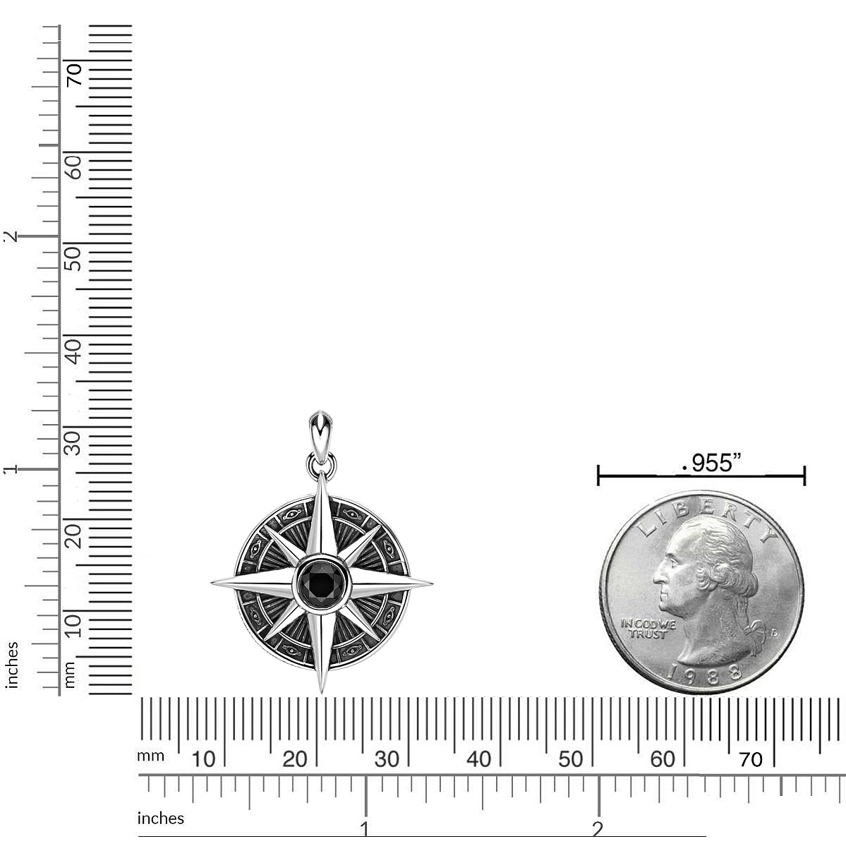 Men's Black Spinel Compass Pendant in Sterling Silver