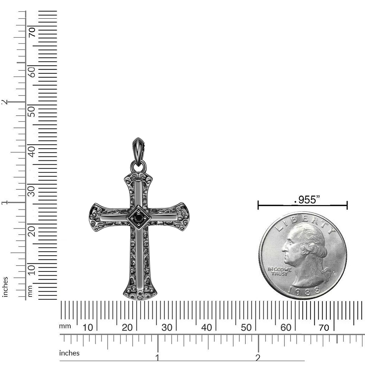 Men's Black Spinel Cross Pendant in Sterling Silver