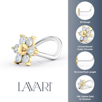 Titanim Flower Cubic Zirconia Curved Nose Ring with 14K Gold - 20G