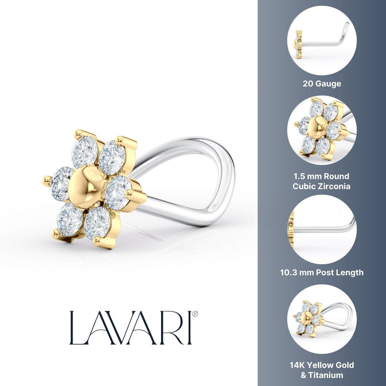 Titanim Flower Cubic Zirconia Curved Nose Ring with 14K Gold - 20G
