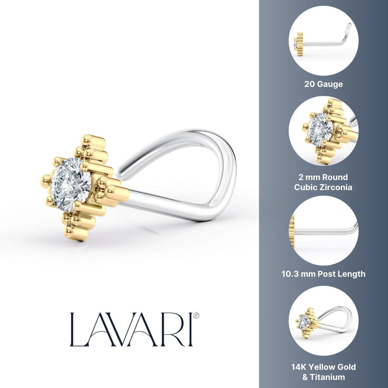 Titanim Cubic Zirconia Curved Nose Ring with 14K Gold - 20G