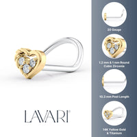 Titanim Heart Cubic Zirconia Curved Nose Ring with 14K Gold - 20G