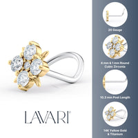 Titanim Four Leaf Clover Cubic Zirconia Curved Nose Ring with 14K Gold - 20G