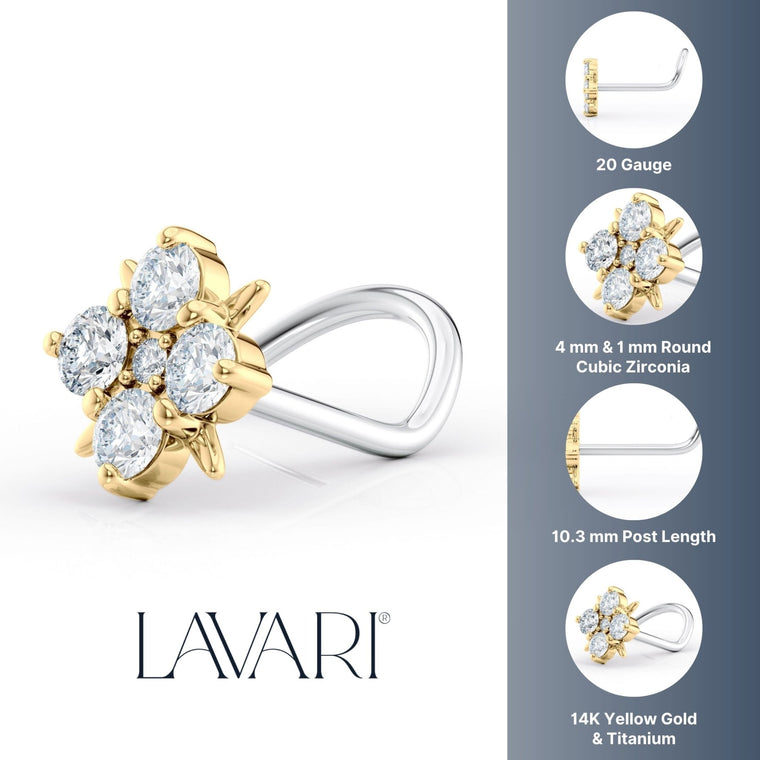 Titanim Four Leaf Clover Cubic Zirconia Curved Nose Ring with 14K Gold - 20G