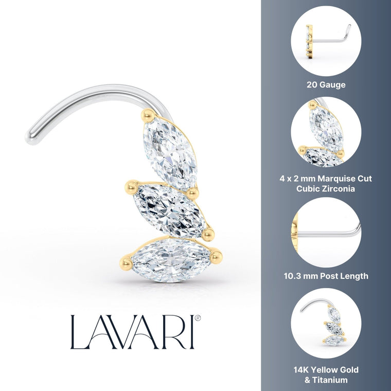 Titanim Marquise Fan Cubic Zirconia Curved Nose Ring with 14K Gold - 20G