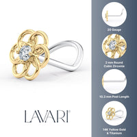 Titanium Flower Cubic Zirconia Curved Nose Ring with 14K Gold - 20G
