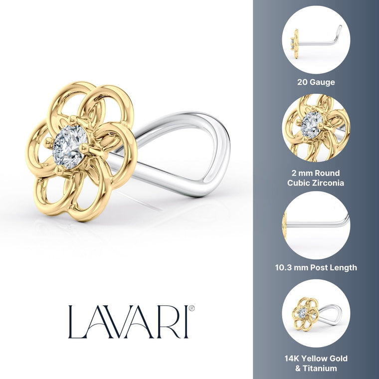 Titanium Flower Cubic Zirconia Curved Nose Ring with 14K Gold - 20G