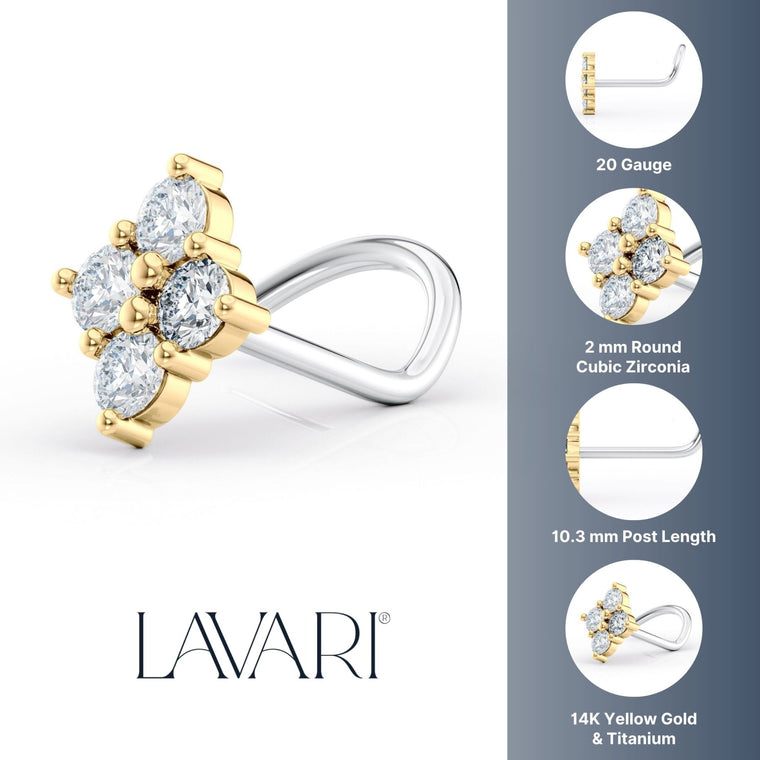 Titanium Diamond Shape Cubic Zirconia Curved Nose Ring with 14K Gold - 20G