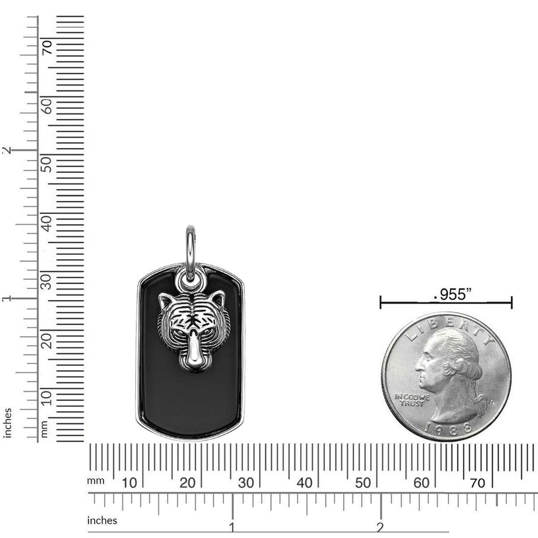 Tigetr's Head Black Agate Dog Tag Pendant in Sterling Silver, 24"