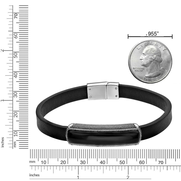 Black Leather Bracelet with Black Agate Bar in Sterling Silver, 8.5"