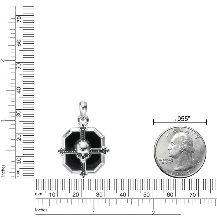 Cross Medalion Skull Pendant in Sterling Silver and Black Onyx, 24"