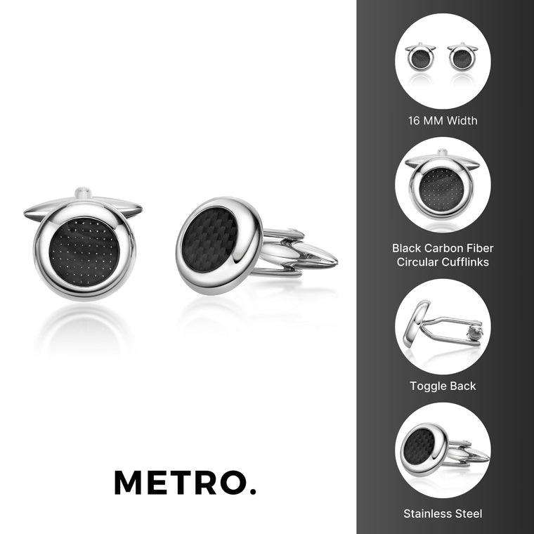 Carbon Fiber Round Cufflinks in Stainless Steel