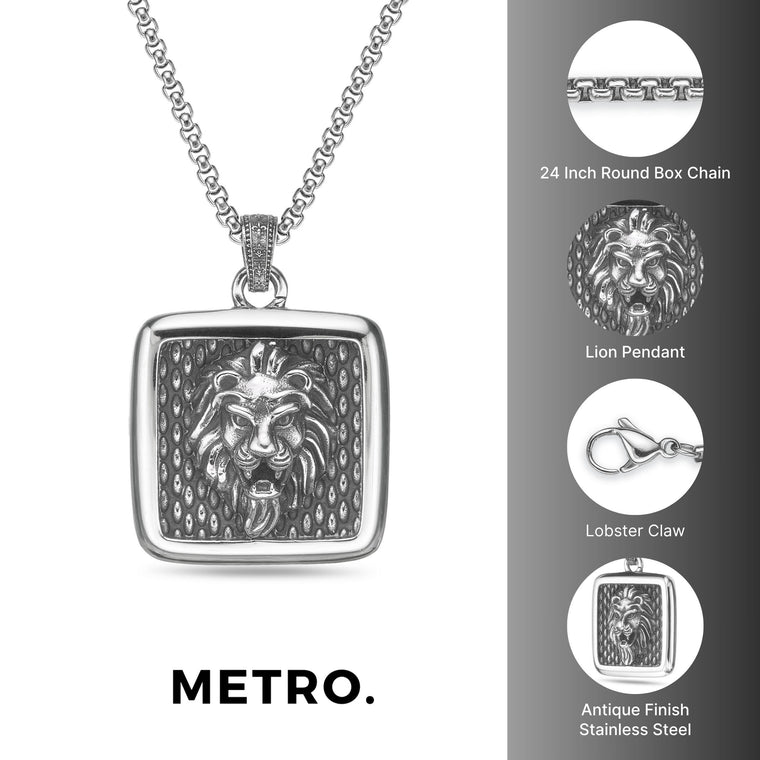 Lion Square Medallion Pendant in Antique Finish Stainless Steel