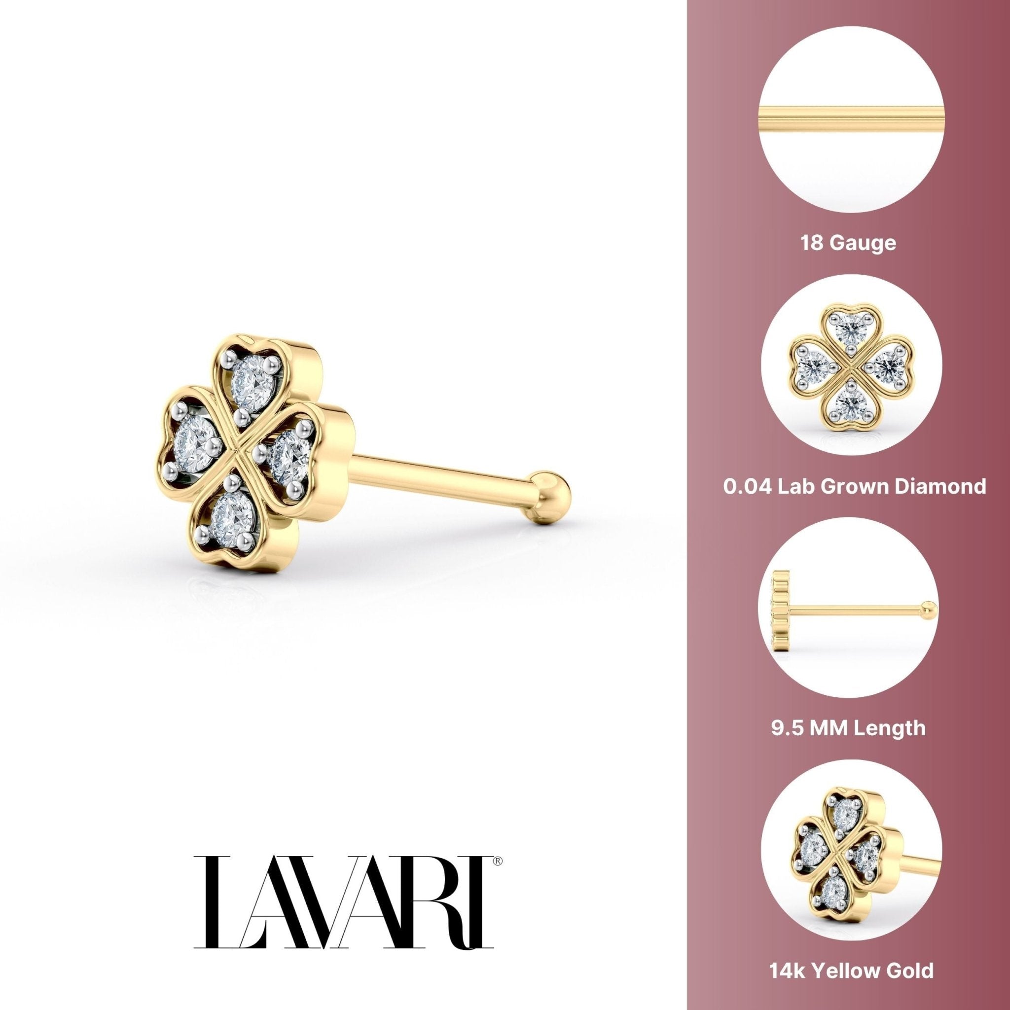 14K Gold Clover 0.04 Carat Lab Grown Diamond Nose Stud - 18G