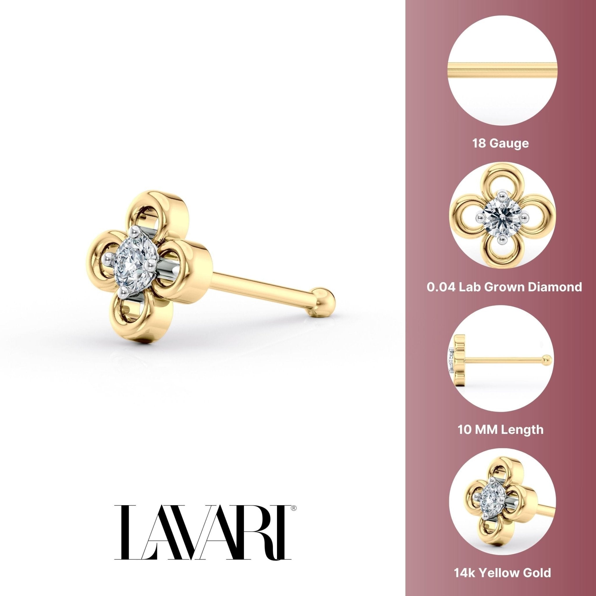 14K Gold Floral 0.04 Carat Lab Grown Diamond Nose Stud - 18G